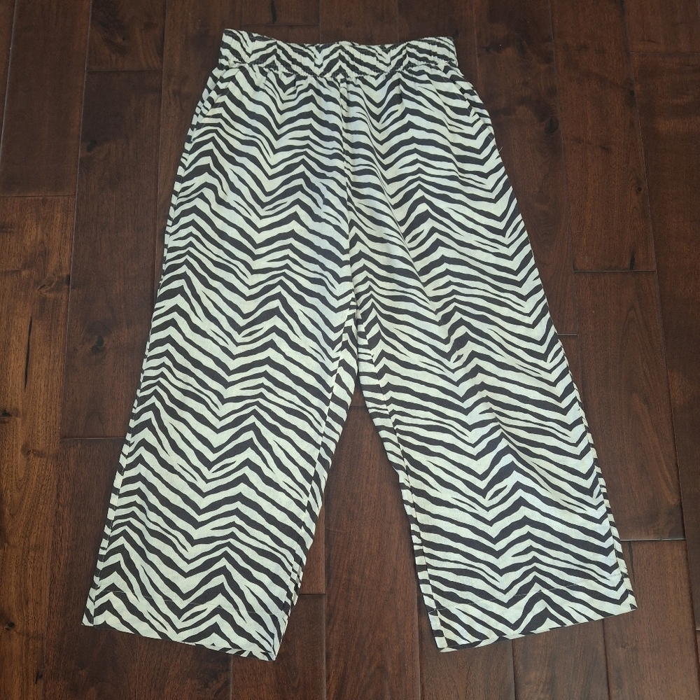 TAHARI Linen Zebra Print Chocolate Brown Wide Leg Cropped Pants - Size M